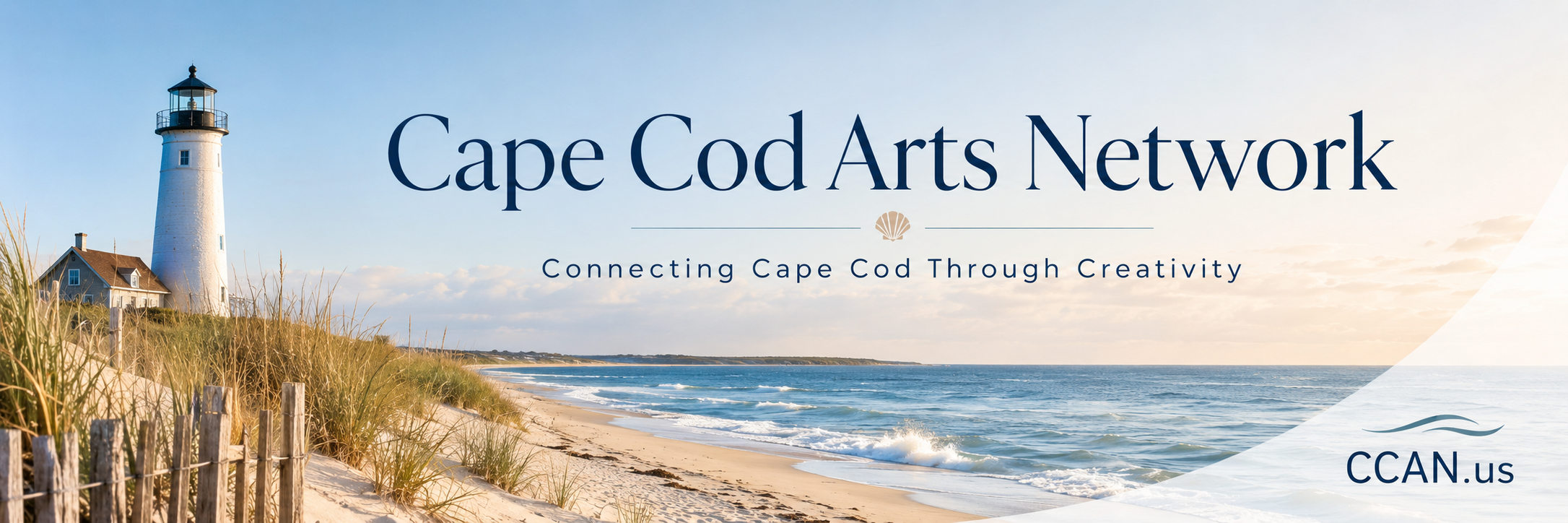 Cape Cod Arts Network banner with lighthouse, beach, and CCAN.us logo